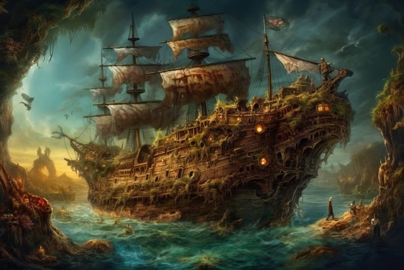 Geisterschiff mit Moos bewachsen